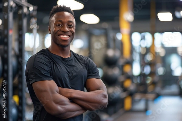 Fototapeta A man is smiling and posing in a gym.