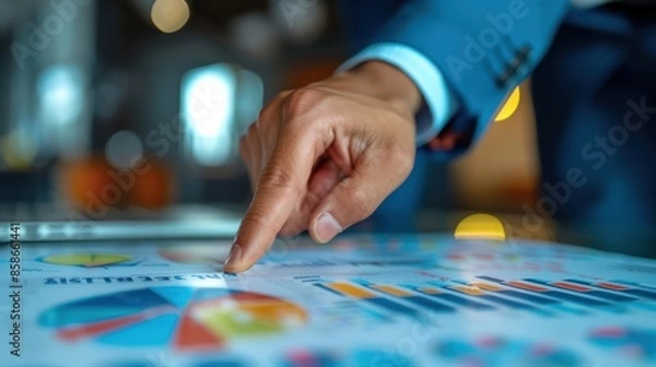 Fototapeta A man is pointing at a graph on a computer screen