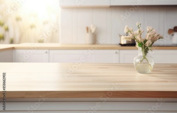 Fototapeta Wooden podium to present products with window and flat background in a kitchen. Mockup for branding, packaging