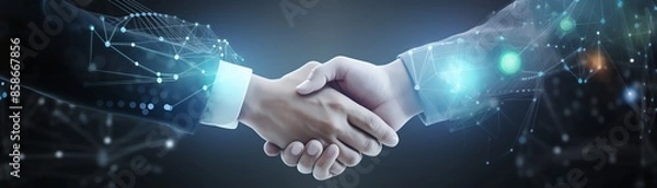 Fototapeta Business partners shaking hands in a digital environment, symbolizing agreement, partnership, and technology integration.