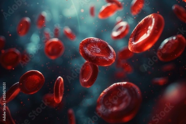 Obraz The human flow of red blood cells under medical microscopy for research, scientific documentation, and healthcare education, illustrating the complexities of the body's circulatory system.
