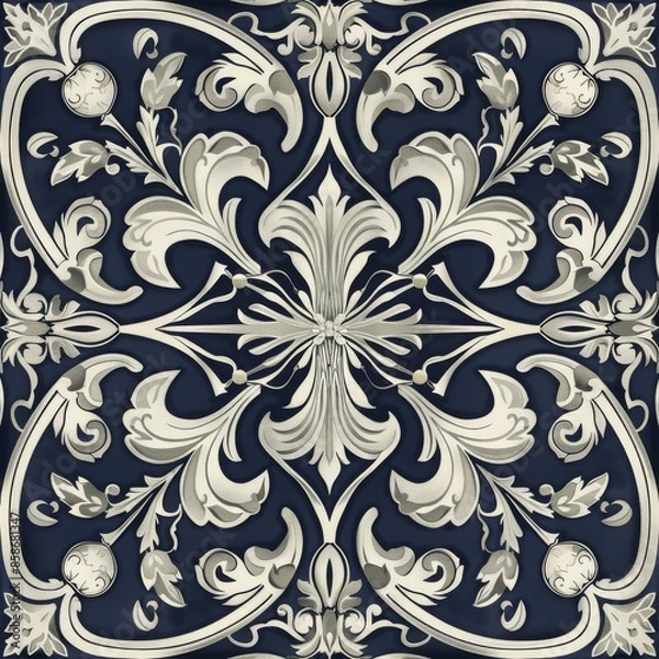 Fototapeta Design a repeating Fleur De Lis pattern with fleur de lis motifs surrounded by delicate floral embellishments. Use a two-color palette with silver and navy blue for a refined and sophisticated look.