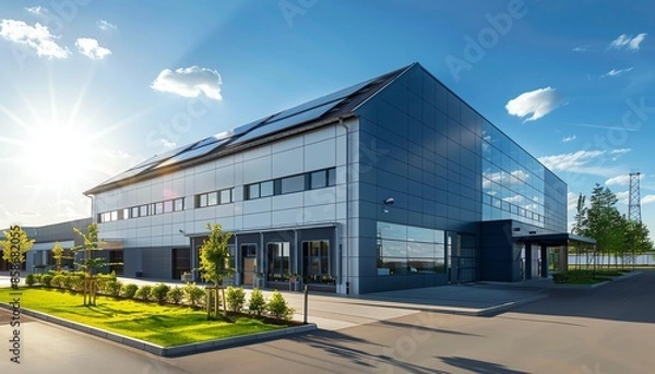 Fototapeta Modern industrial building with glass facade, surrounded by greenery and clear sky, representing contemporary architecture and clean energy.