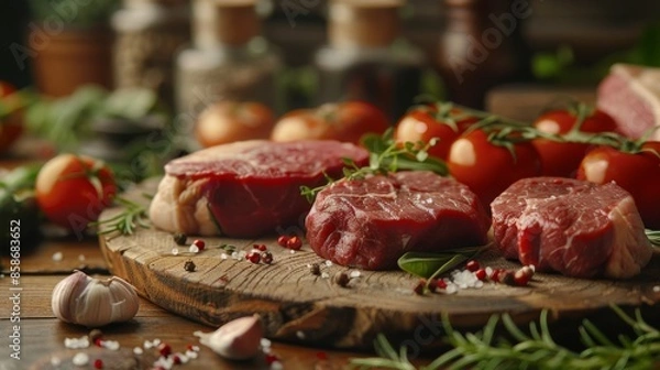 Fototapeta Raw beef steaks on a cutting board with garlic, herbs, and tomatoes, rustic kitchen setting