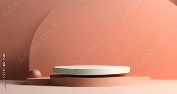 Fototapeta Orange cylindrical pedestal podium. Embossed ring shape with pastel color backdrop. Mock up renders 3d shapes. Cosmetic product display presentation. Minimal wall scene.