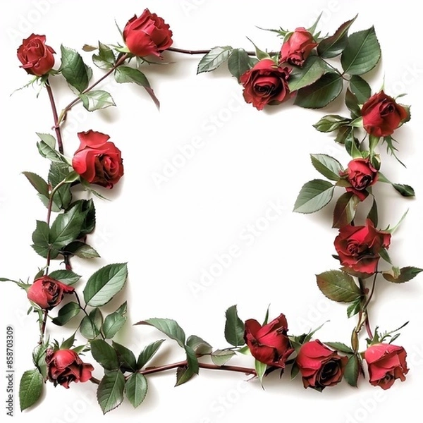 Fototapeta Rose flowers, frame of red roses on a white background, drawn in watercolor