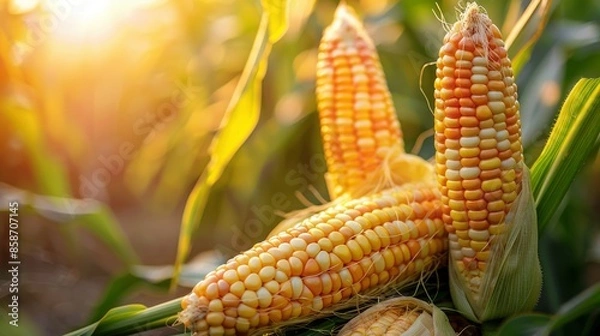 Fototapeta Golden Sunrise Cornfield with Ripe Ears of Corn Illuminated by Sunlight
