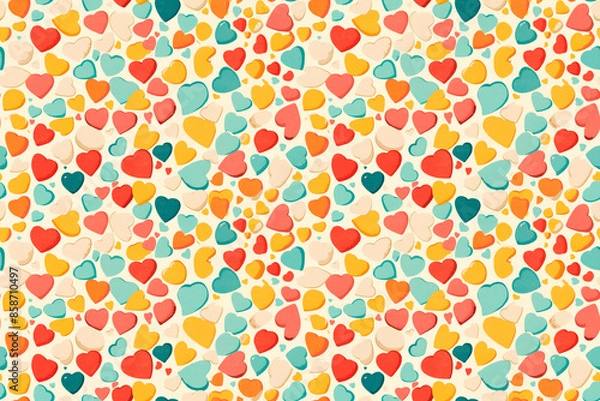 Obraz A colorful seamless pattern featuring numerous multicolored hearts in shades of red, orange, teal, and yellow, creating a cheerful and dynamic tile ornament.