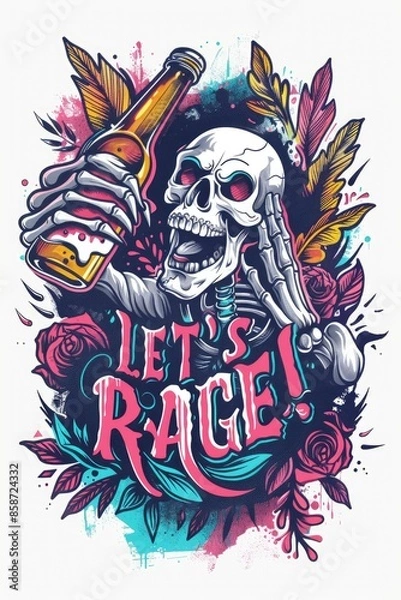 Fototapeta old school tattoos and metalcore asthetics with thick bold black outlines. The design features a skeleton serving a beer and the phrase "LET'S RAGE!" - generative ai