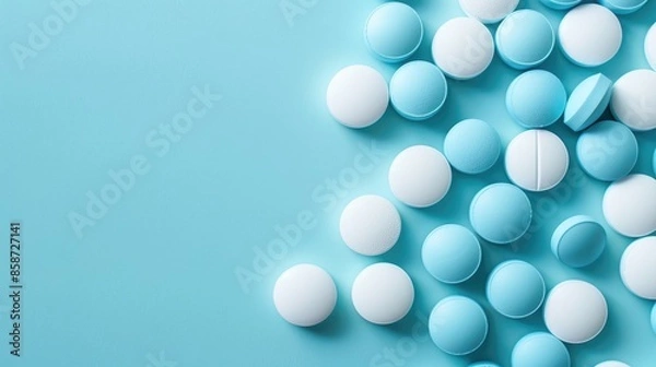 Fototapeta Blue and white pills on a simple backdrop with space for text or design top down view