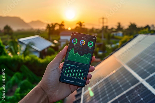 Fototapeta Hand holding a smartphone with a green energy monitoring app, displaying real-time data on solar power generation for homes.[A-0001]