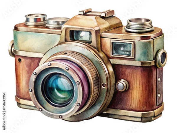 Obraz A classic film camera with a retro color palette and vintage details. Generative AI.
