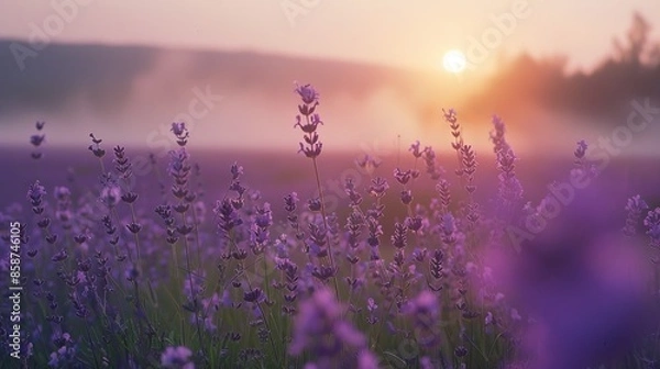 Obraz Lavender field at dawn, crisp purple blooms highlighted against the early morning mist, evoking a sense of calm and quiet beauty
