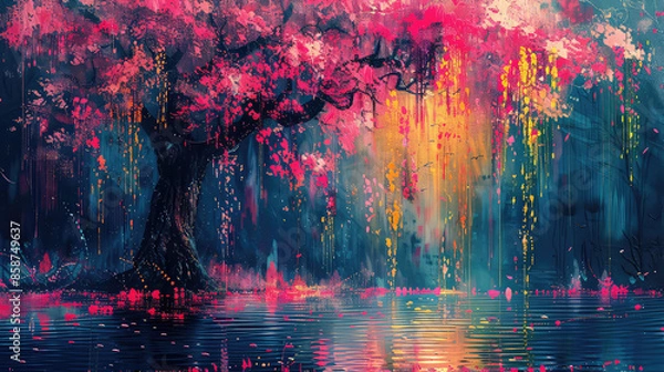 Obraz Elegant colorful with vibrant flower hanging branches illustration background. Bright color 3d abstraction wallpaper for interior mural, Generated by AI