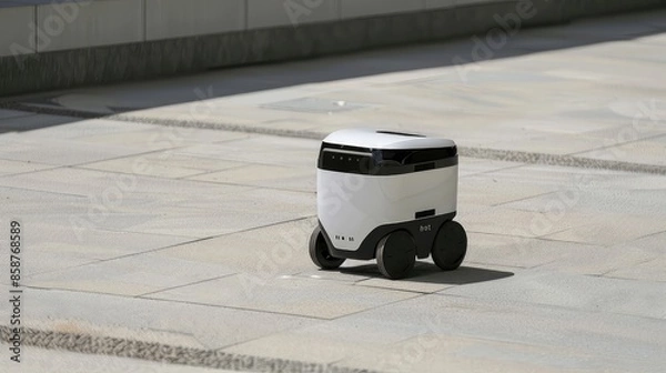 Fototapeta Mobile robot delivering orders. Embrace the era of automation with the mobile robot, a cutting-edge solution that streamlines order delivery, making it faster, smoother, and more convenient.