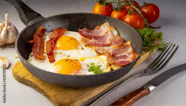 Fototapeta A plate of bacon, eggs, and tomatoes is on a wooden table