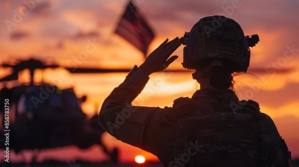 Fototapeta Silhouette of a female soldier saluting, with a flag waving in the background, symbolizing patriotism and honor in serving her country