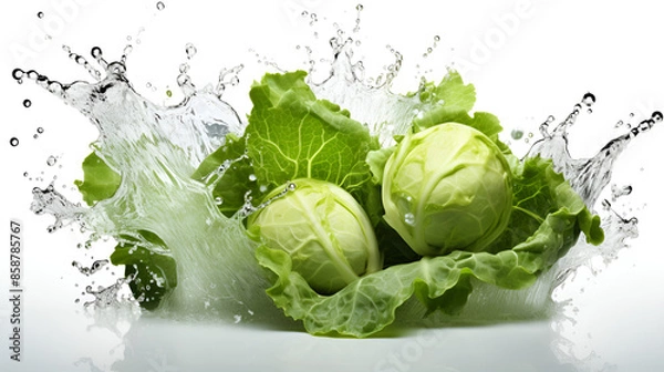 Fototapeta Green Cabbages with Fresh Lettuce and Splashing Water Droplets