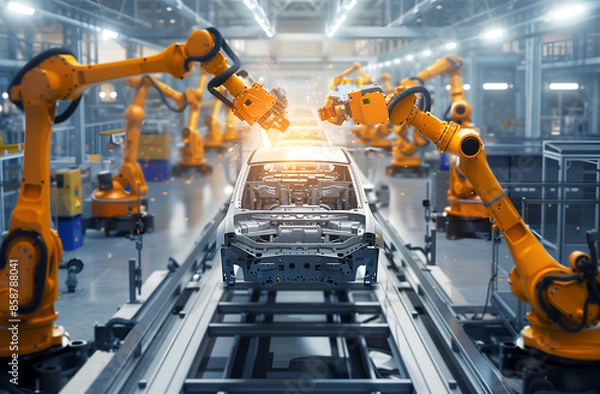 Fototapeta Car production line with robotic arms on the factory