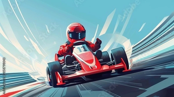 Fototapeta A gokart race track with a driver in red gear