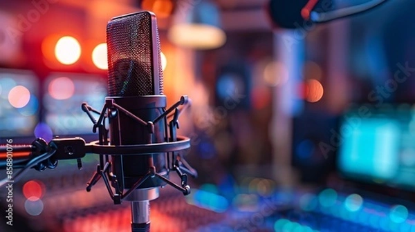 Obraz A professional microphone is showcased in a radio station studio, capturing the essence of being on air.
