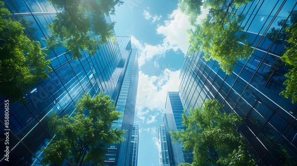 Fototapeta Low angle image of typical contemporary office towers, tall structures with glass facades. financial and economic foundation concepts  