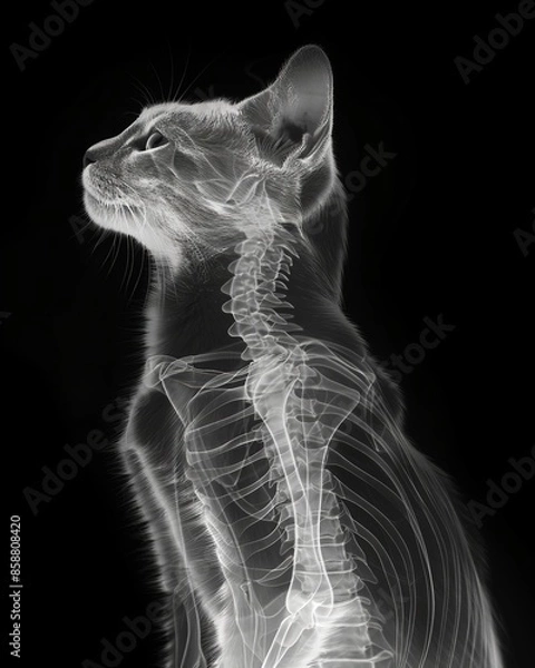 Fototapeta Radiographic image of cat shows detailed bone structure of head, spine, and abdomen.
