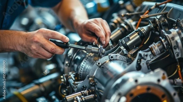 Fototapeta A person is working on mechanical parts of an engine, using tools to tighten or adjust components within a detailed machinery.