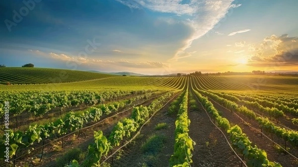 Fototapeta beautiful view in a green farm field with rows of rural plants and vegetables with amazing sunset or sunrise AI generated