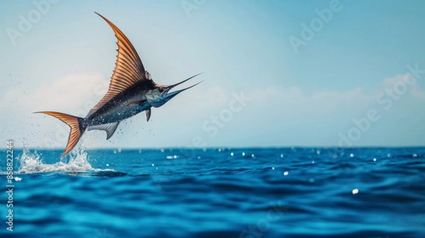 Obraz  sailfish leaping out of the water, chasing after its prey. The sail fish is seen in mid-ai 