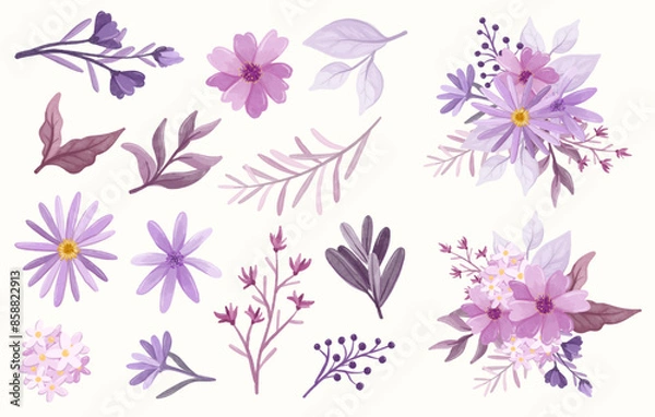 Fototapeta watercolor flower set purple pastel