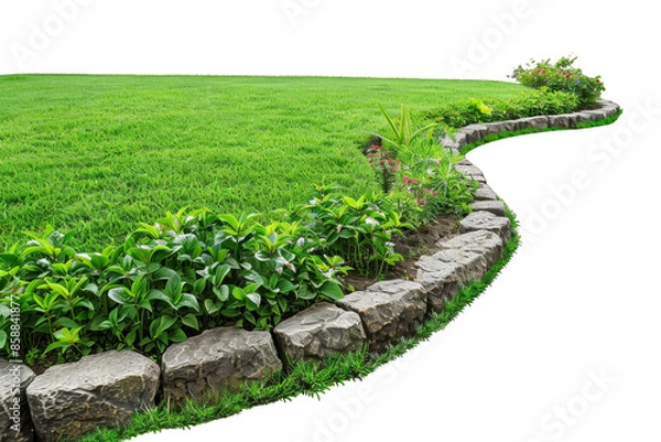 Obraz Beautiful garden with lush green grass, neatly arranged plants, and a stone pathway creating a scenic and relaxing outdoor space.