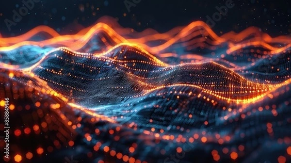 Obraz Abstract digital landscape with glowing waves and particles.