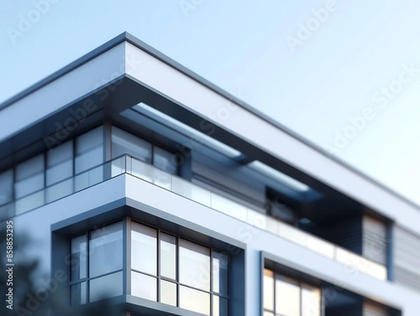 Fototapeta Modern architectural design of a sleek, contemporary building with large windows and minimalist lines against a clear sky.