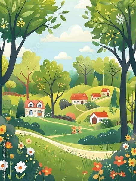 Fototapeta Landscape with houses and trees, illustration design