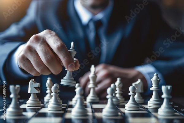 Fototapeta A businessman in a suit plays a strategic game of chess, with his hand reaching for a white chess piece.