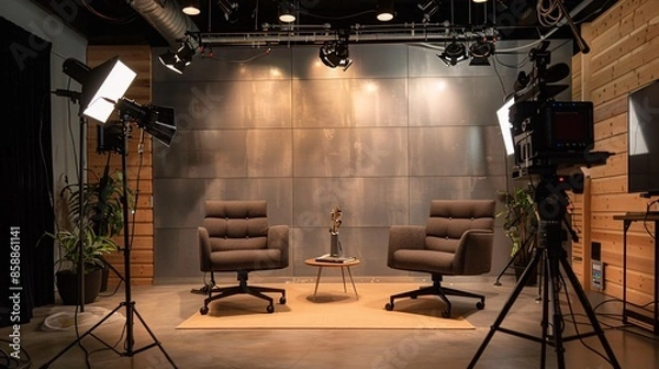 Obraz The interior of a studio is set up for podcasting and interviews, featuring two chairs.