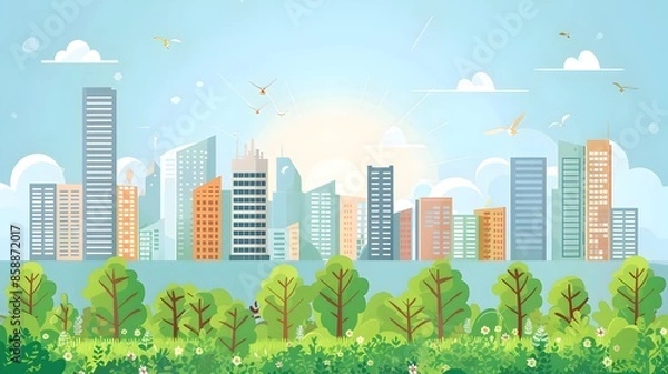 Fototapeta Vibrant Cityscape with Modern Skyscrapers and Lush Greenery Under Sunny Skies