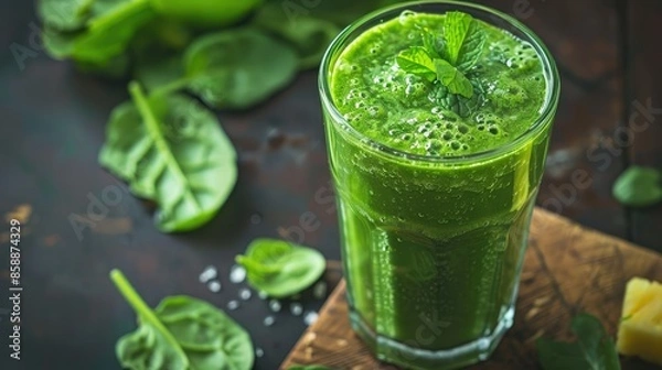 Fototapeta Blended green smoothie with mint, spinach, and pineapple