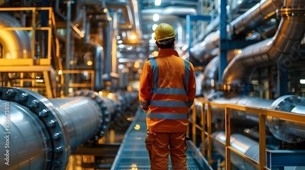 Fototapeta Industrial Worker Inspecting and Maintaining Critical Infrastructure at Night