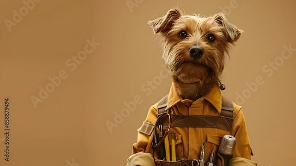 Fototapeta Dog Electrician in Uniform with Tools and Wires on Plain Background
