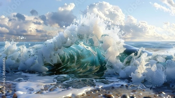 Fototapeta A wave crashing on the shore with foam and bubbles. The water is blue and the sky is cloudy