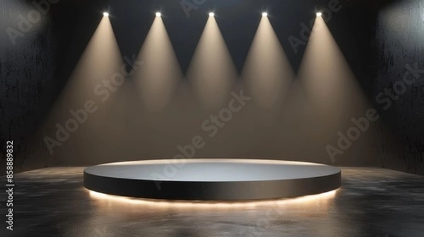 Obraz A circular podium with a glowing ring, illuminated by four spotlights on a dark background.