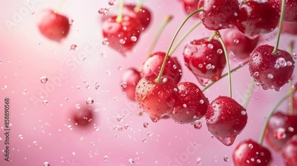 Obraz Vibrant Fresh Cherries with Water Droplets in Dynamic Motion against Pink Background