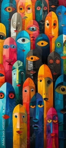 Fototapeta Diverse, trendy characters mingle in a lively, vibrant crowd.