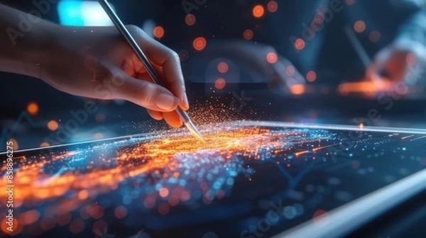 Fototapeta Hand painting on a digital tablet, creating a glowing digital artwork.