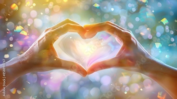 Fototapeta Hands in Heart Shape with Glowing Lights and Bokeh Effect