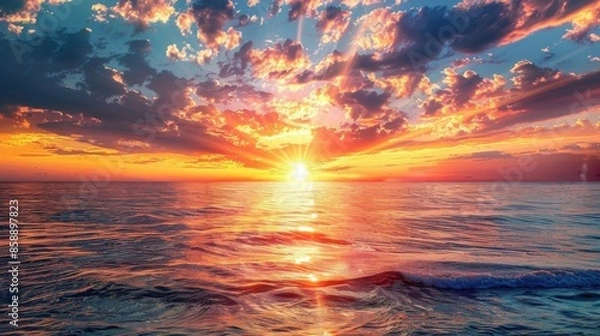 Fototapeta A vibrant sunset paints the sky with hues of orange, pink, and purple as the sun dips below the horizon. Fluffy clouds cast long shadows over the rippling ocean water. The scene is a breathtaking exam