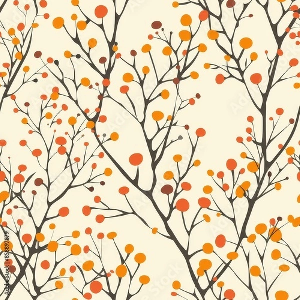 Fototapeta An abstract pattern featuring orange and brown branches with orange and red berries on a white background. The pattern is seamless and can be used for various applications, such as fabric design, wall