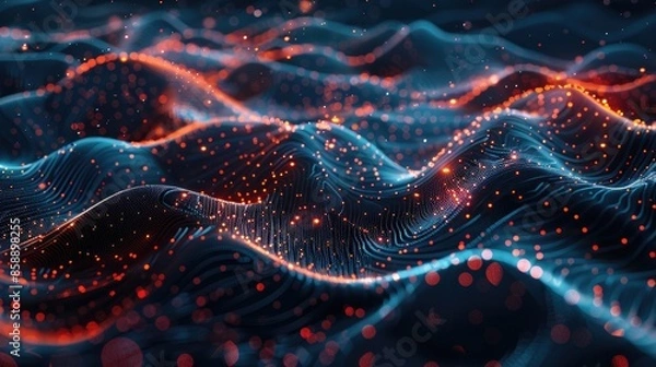 Fototapeta Abstract digital waves with glowing particles, blue and orange, technology, futuristic, data, flow, network.